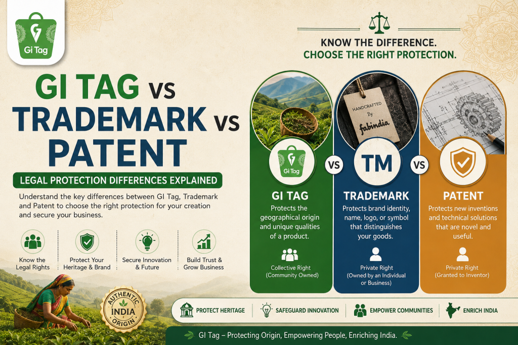 GI Tag vs Trademark vs Patent – Legal Protection Differences